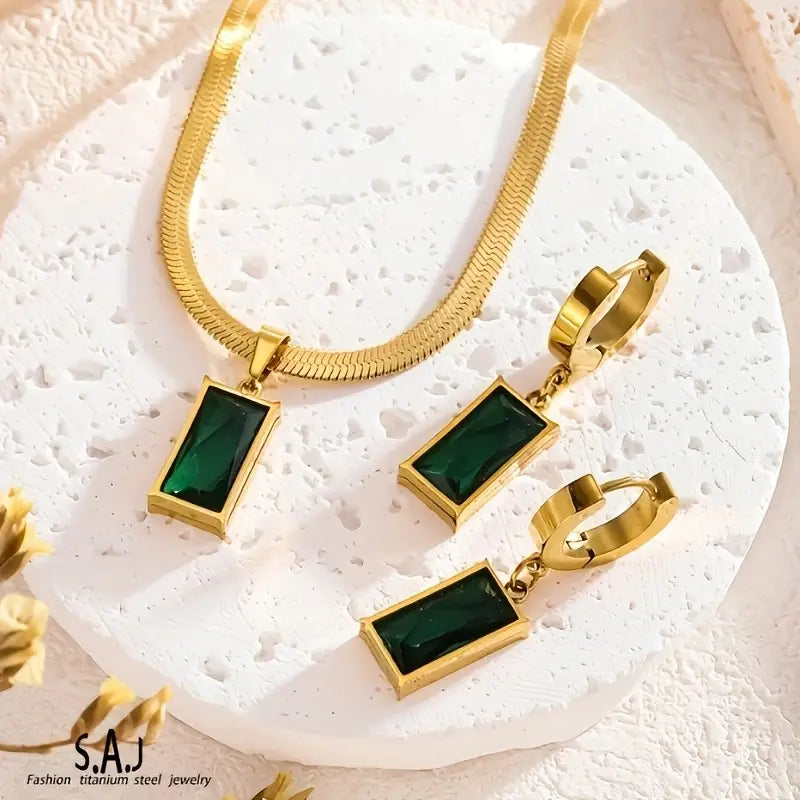 Women’s 3-Piece Green Zirconia Snake & Collarbone Jewelry