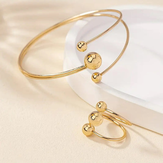 Adjustable Metal Ball Ring & Bracelet Set