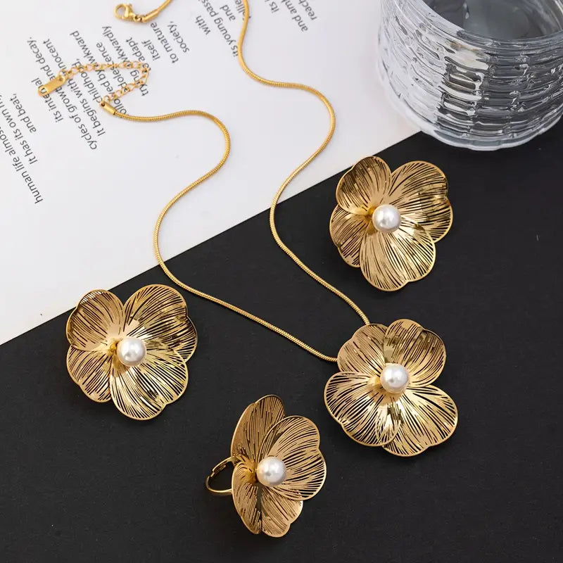 Luxury 4-Piece Golden Stainless Steel Pearl Jewelry
