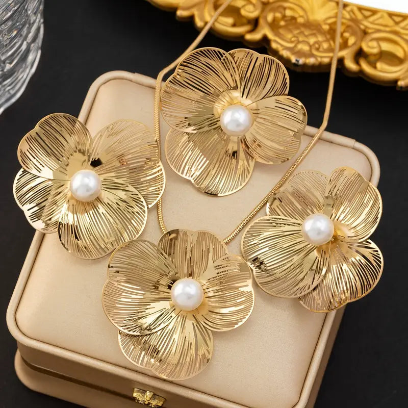 Luxury 4-Piece Golden Stainless Steel Pearl Jewelry