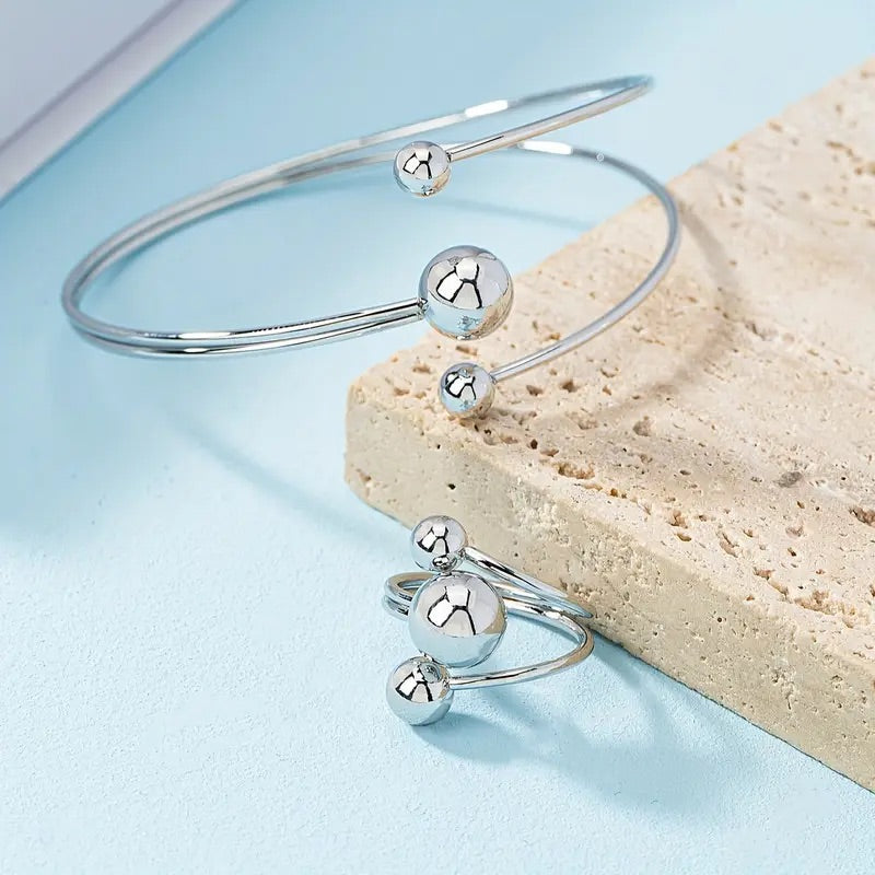 Adjustable Metal Ball Ring & Bracelet Set