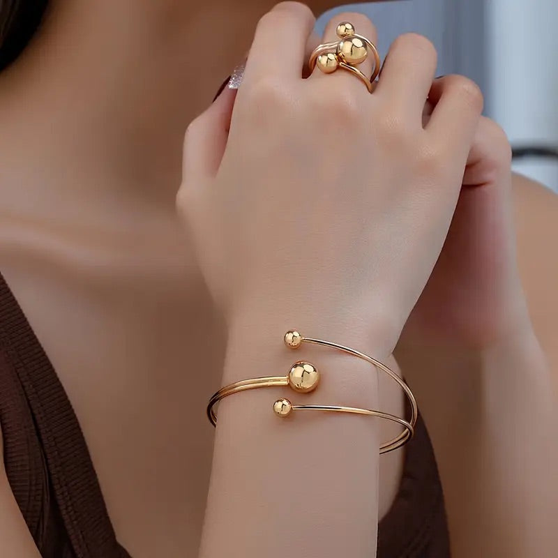 Adjustable Metal Ball Ring & Bracelet Set
